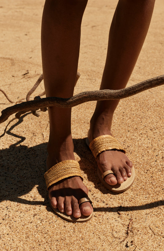 Style 06 | The Shela | Cognac Leather + Ochre Woven Leather | Nude Sole